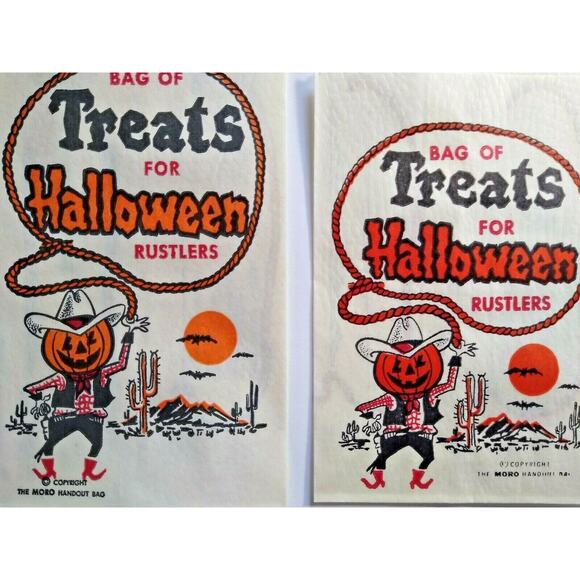 Vintage Halloween Candy Bags Western Cowboy Goblin Rustler With Rope 2 Different - Picture 1 of 7